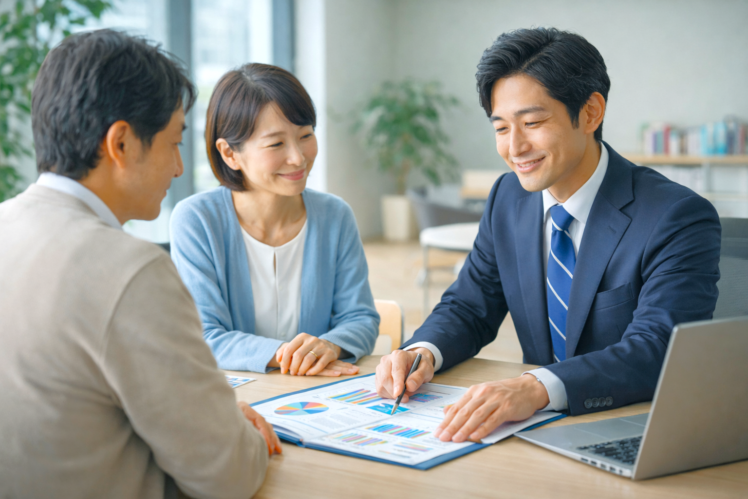 株式会社K.Rパートナーズがお客様に保険プランの説明をしている場面